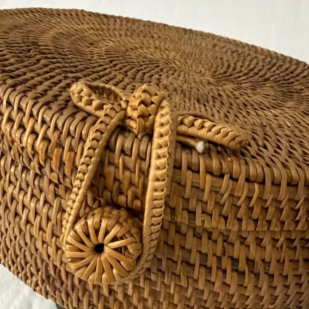 Unbranded Round Woven Rattan Crossbody Bag Brown Boho Wicker Purse 8 Inch